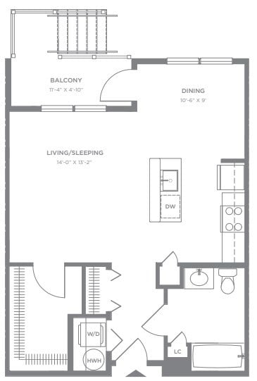 Floor plan for studio, 1 bath, 631 sqft